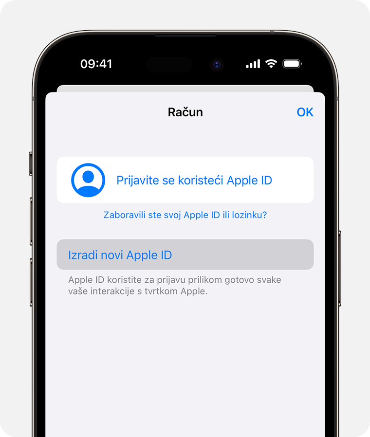 Zaslon iPhone uređaja na kojem se prikazuje opcija za odabir značajke Prijava s Apple ID-jem 
