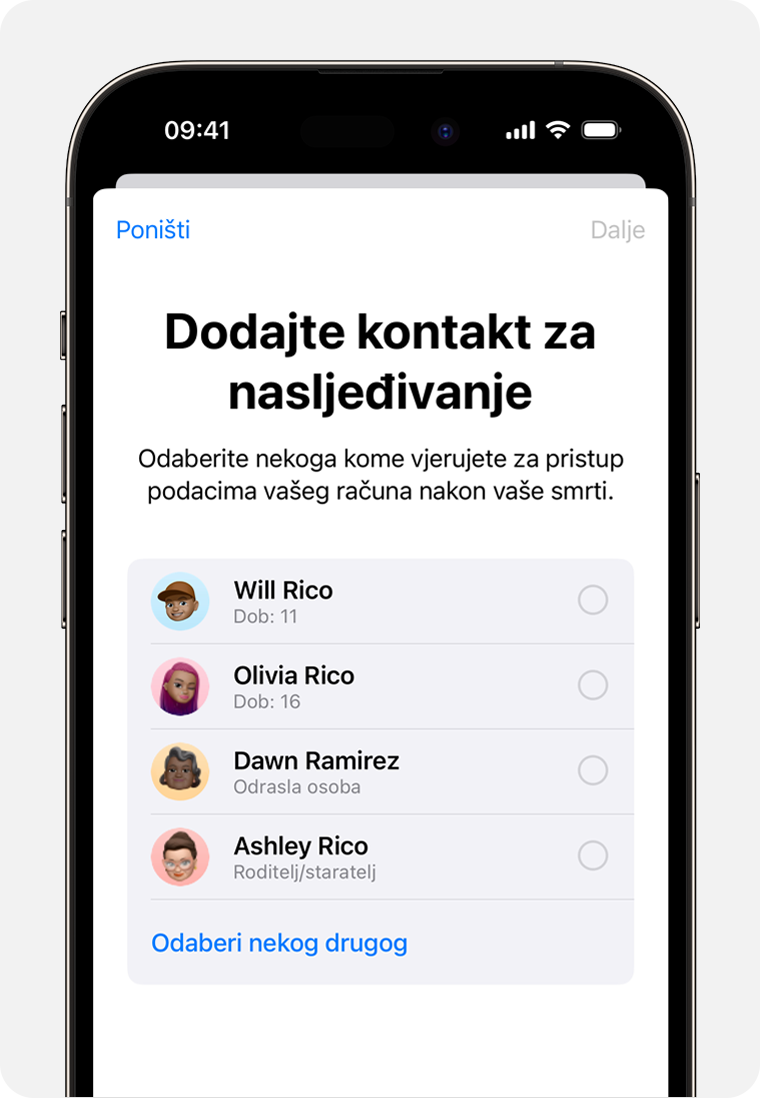 Zaslon iPhone uređaja koji prikazuje članove vaše grupe za dijeljenje s obitelji koje možete dodati kao Kontakt za nasljeđivanje