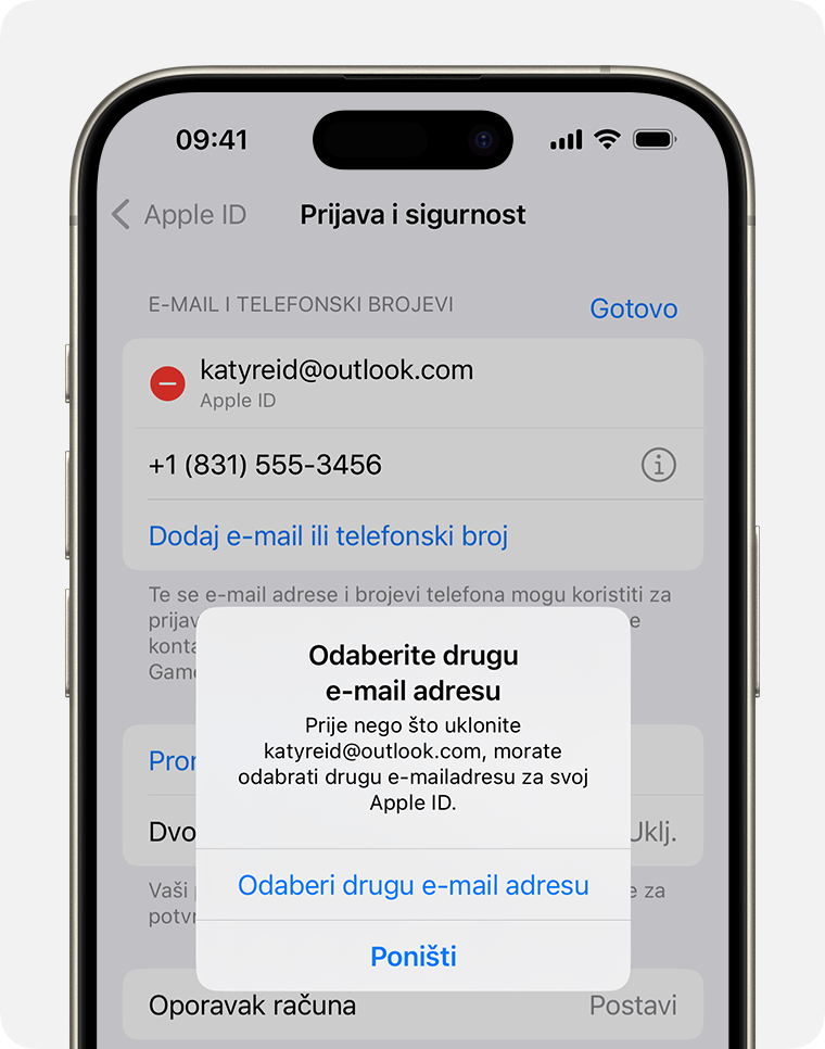 Zaslon iPhone uređaja koji pokazuje kako promijeniti e-mail adresu za Apple ID 