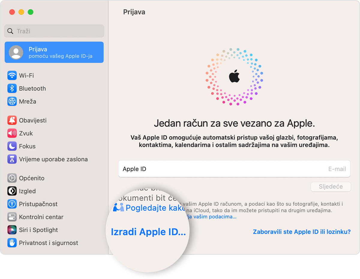 Zaslon Mac računala na kojem se prikazuje poveznica Izradite Apple ID koja se može kliknuti