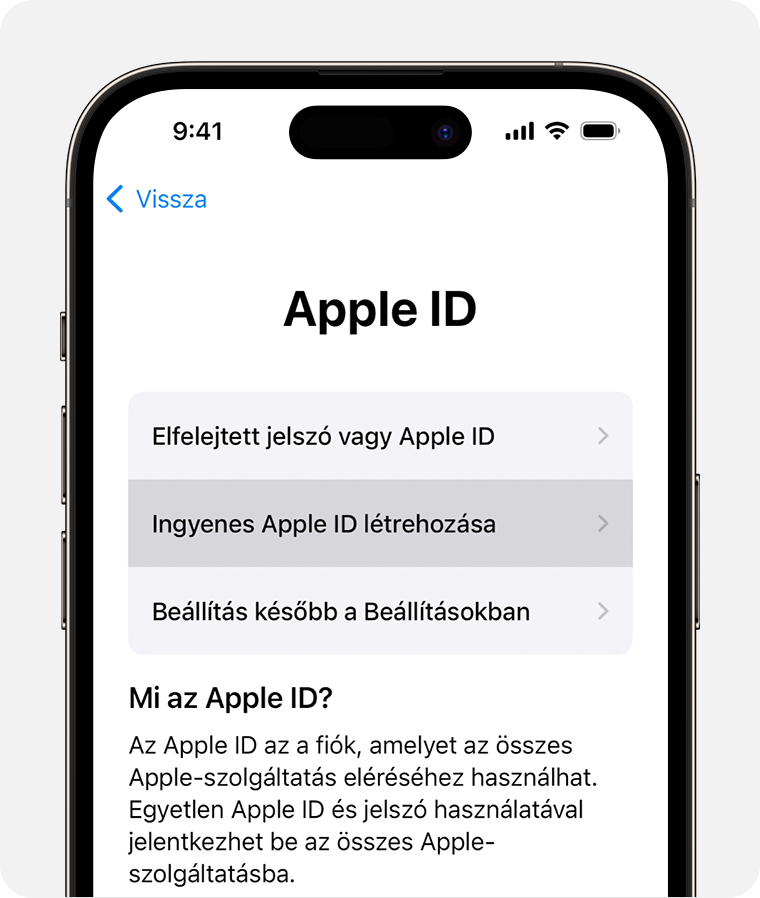 Egy iPhone képernyője, amelyen az Ingyenes Apple ID létrehozása lehetőség látható
