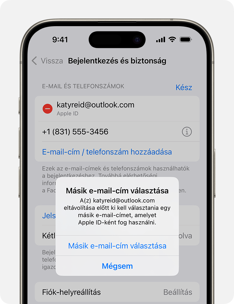 iPhone képernyő, amely az Apple ID azonosítóhoz társított e-mail-cím módosításának lépéseit jeleníti meg 