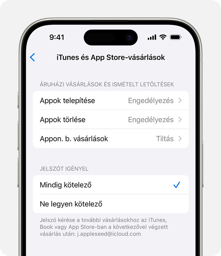 Egy iPhone képernyője, amelyen az iTunes- és App Store-vásárlások letiltására szolgáló beállítás látható 