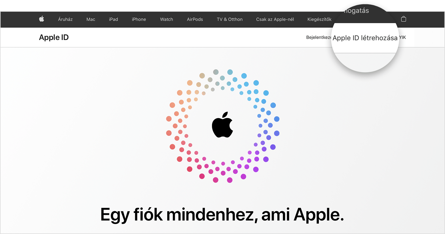 Webes felület képernyője, amelyen az Apple ID létrehozása hivatkozás látható 