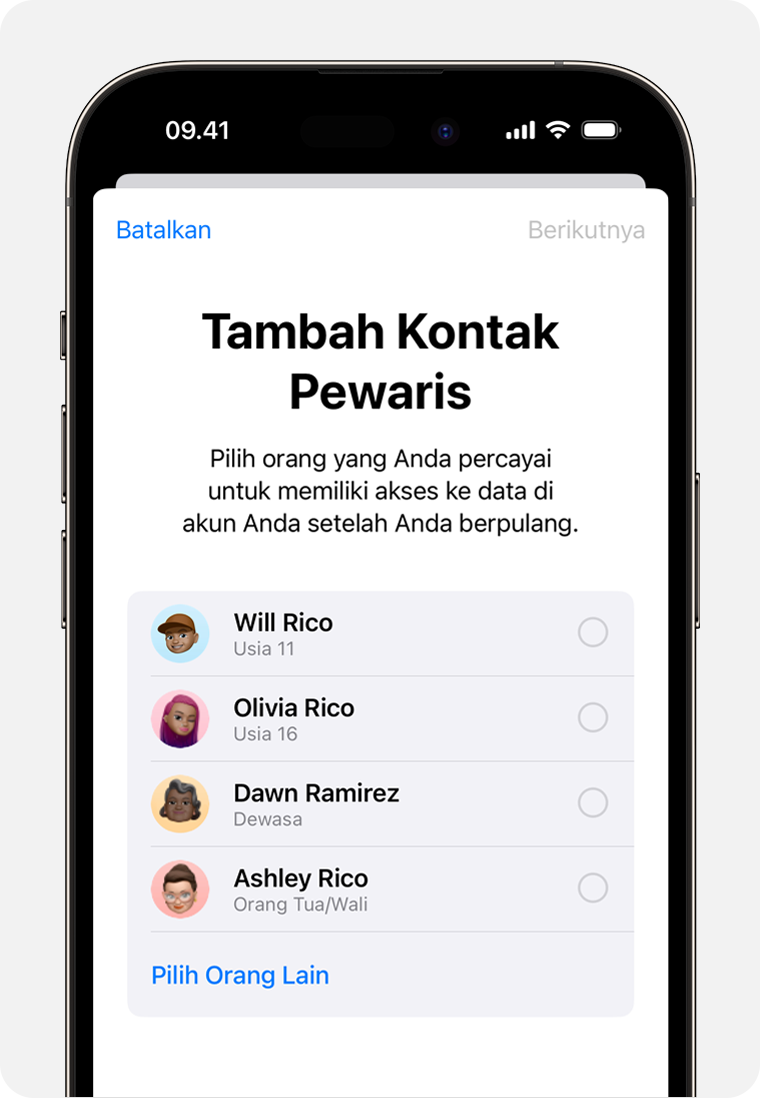 Layar iPhone yang menampilkan anggota Keluarga Berbagi yang dapat ditambahkan sebagai Kontak Pewaris