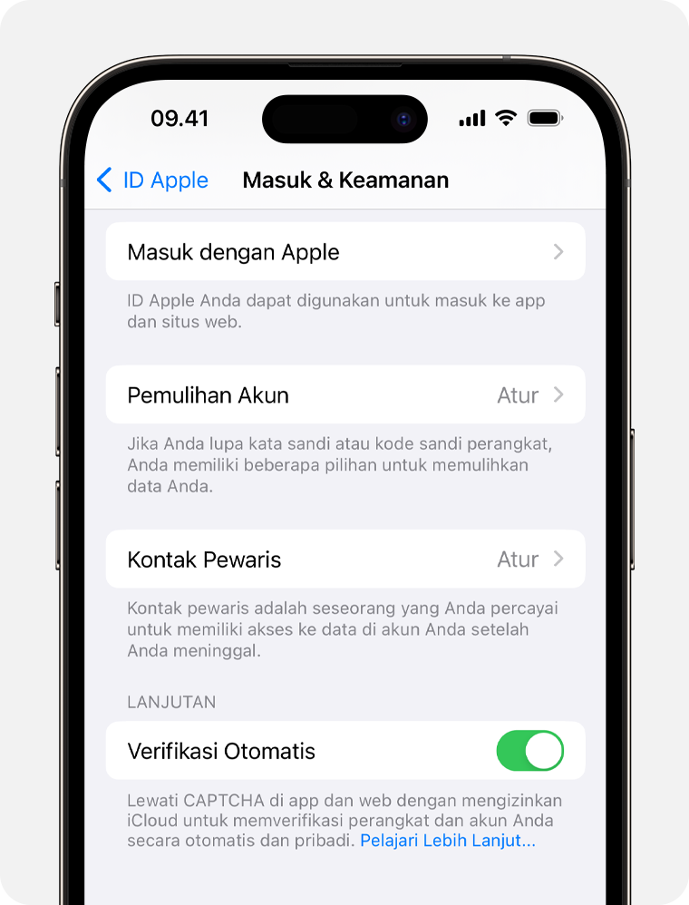 Layar iPhone yang menampilkan cara menambahkan Kontak Pewaris