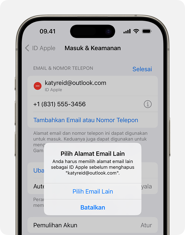 Layar iPhone yang menampilkan cara mengubah alamat email ID Apple 