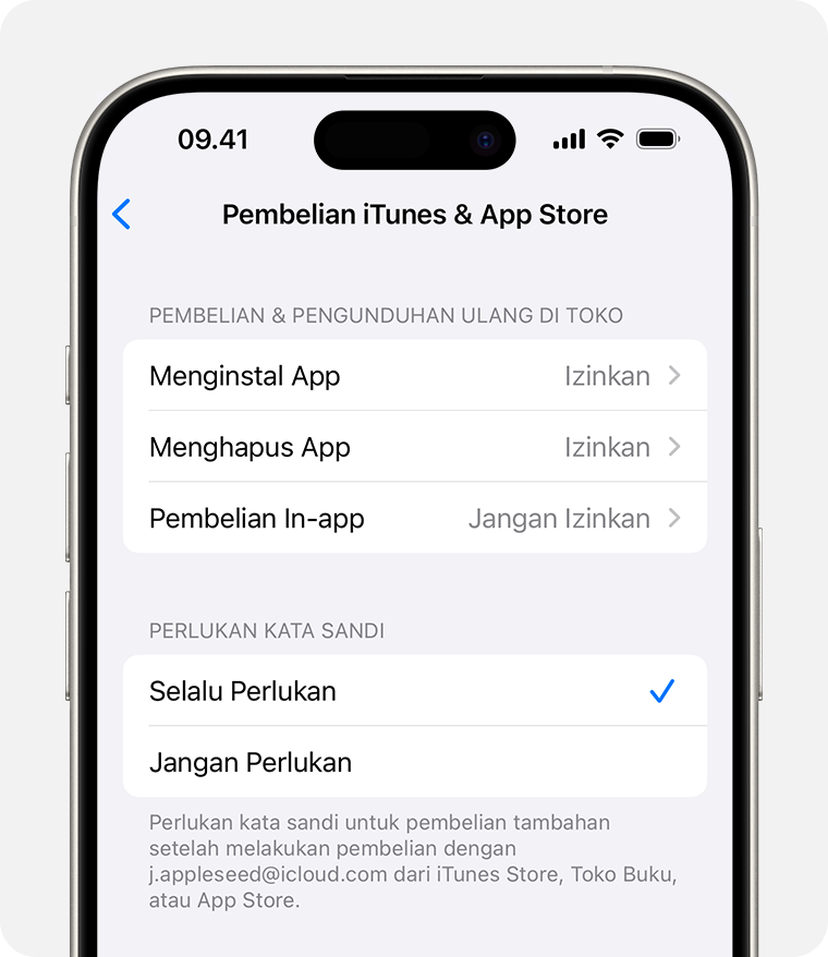 Layar iPhone yang menampilkan pengaturan untuk menonaktifkan pembelian di iTunes & App Store 