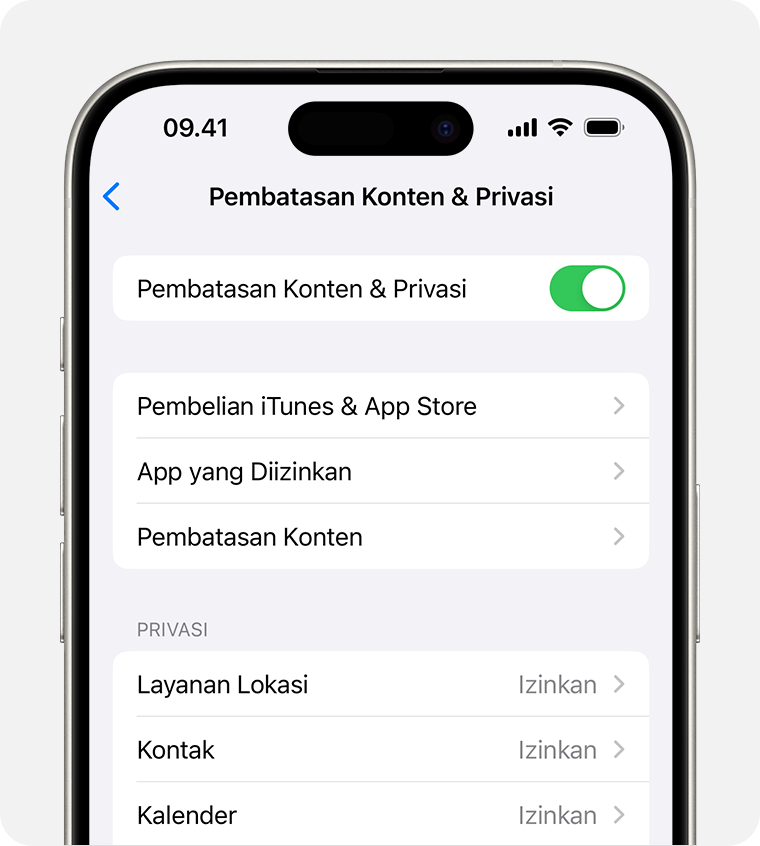 Layar iPhone yang menampilkan pengaturan untuk Pembatasan Konten & Privasi