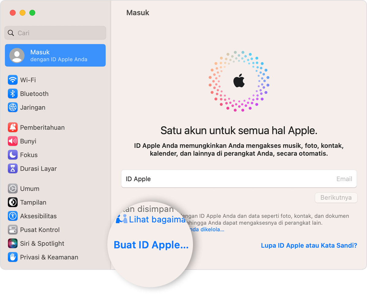 Layar Mac yang menampilkan tautan Buat ID Apple untuk diklik