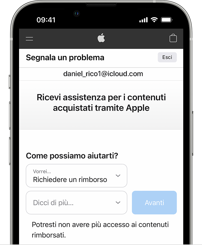 iPhone che mostra il sito Segnala un problema in cui è possibile richiedere un rimborso. Dopo aver scelto “Richiedere un rimborso”, scegli il motivo per cui lo stai richiedendo.