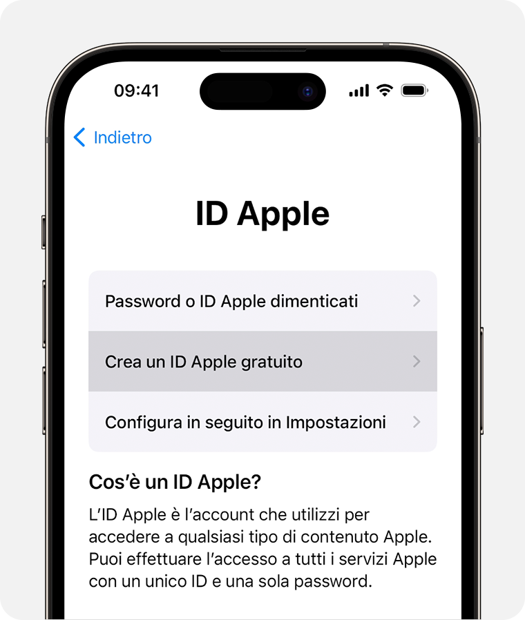 Schermata di iPhone che mostra l'opzione per selezionare Crea un ID Apple gratuito