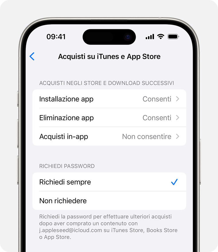 Schermata di iPhone che mostra l'impostazione per disabilitare gli acquisti su iTunes e App Store 