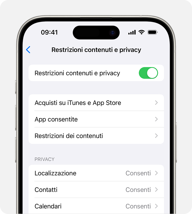 Schermata di iPhone che mostra l'impostazione di Restrizioni contenuti e privacy
