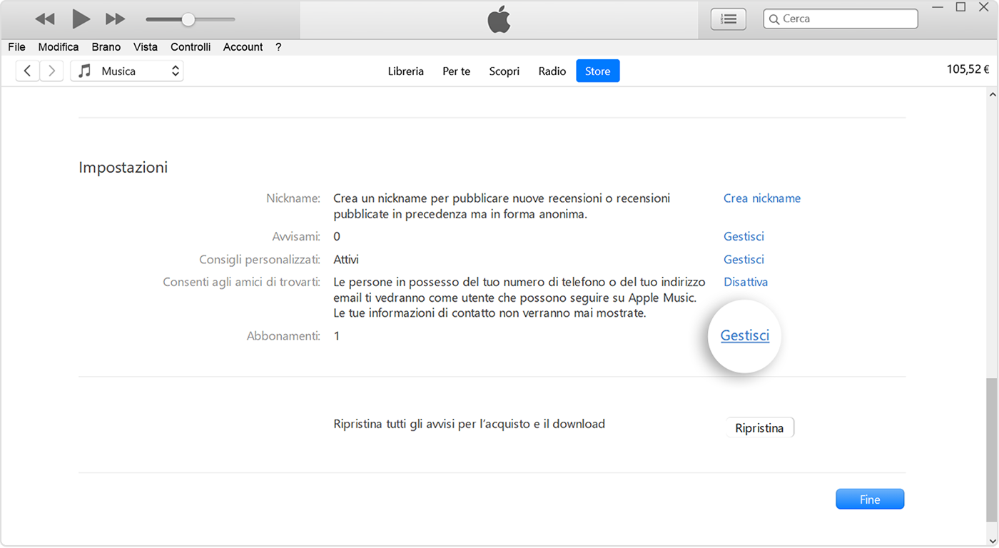 Il pulsante Gestisci accanto ad Abbonamenti in iTunes.