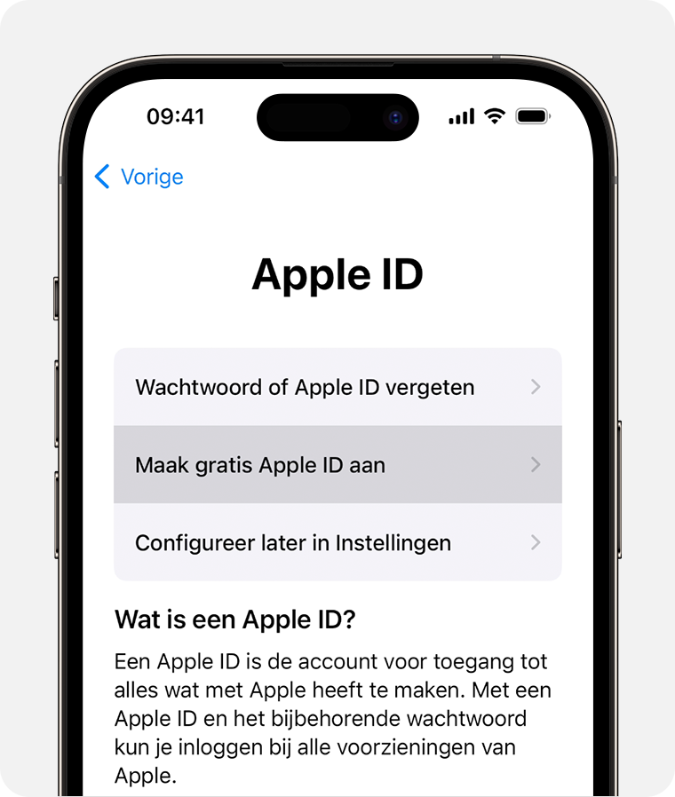 iPhone-scherm met de optie 'Maak gratis Apple ID aan'