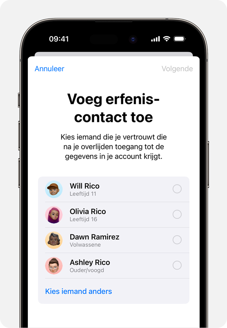 iPhone-scherm met de leden van 'Delen met gezin' die je kunt toevoegen als erfeniscontact
