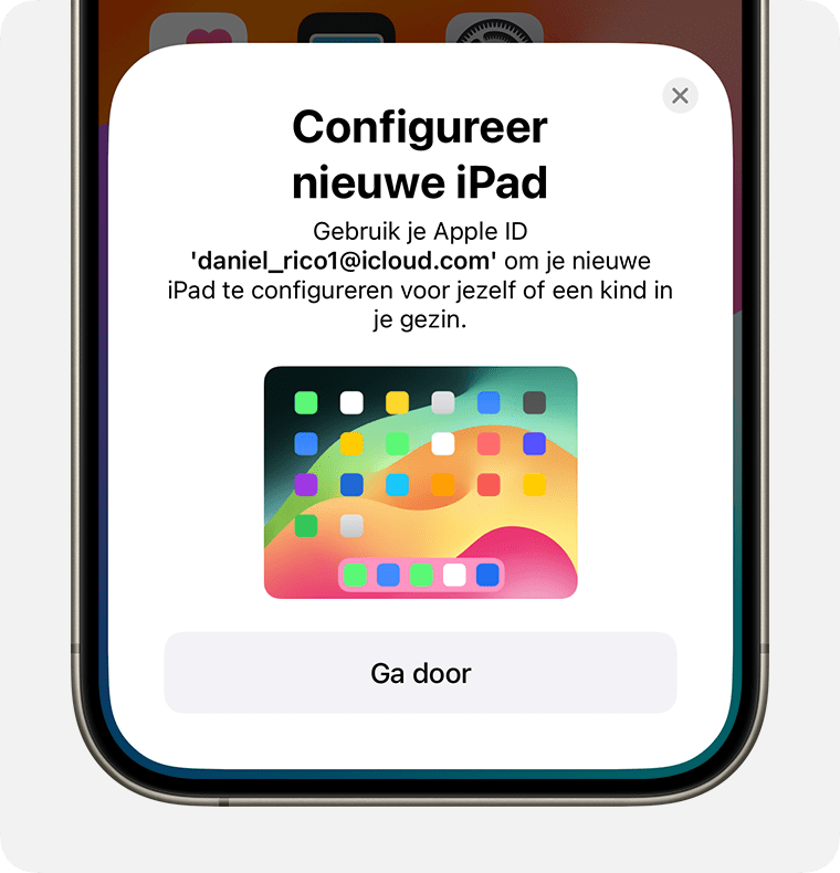 De optie 'Configureer nieuwe iPad' wordt onder aan het scherm van de iPhone weergegeven.