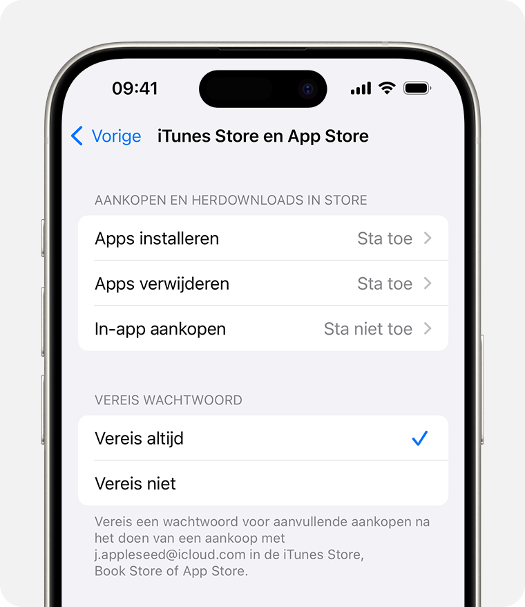 iPhone-scherm waarop de instelling wordt getoond om aankopen via iTunes en de App Store uit te schakelen