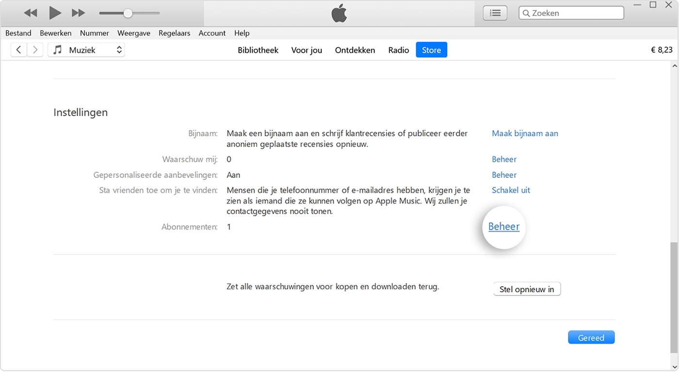 De knop 'Beheer' naast 'Abonnementen' in iTunes.