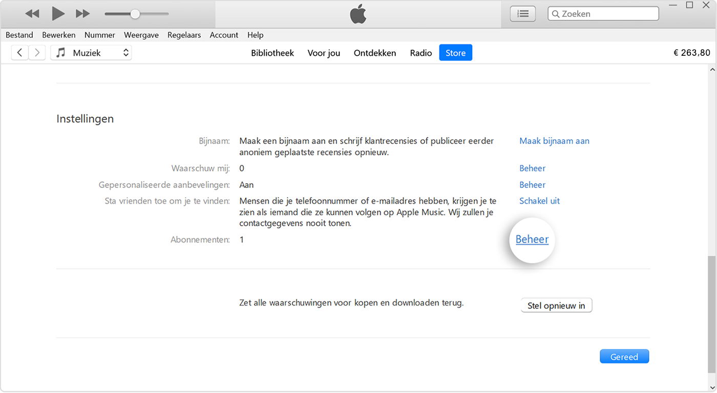 De knop 'Beheer' naast 'Abonnementen' in iTunes.