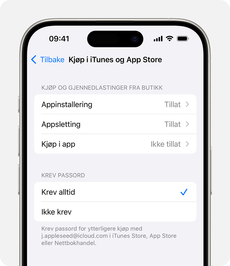 iPhone-skjerm som viser innstillingen for å deaktivere kjøp i iTunes og App Store 