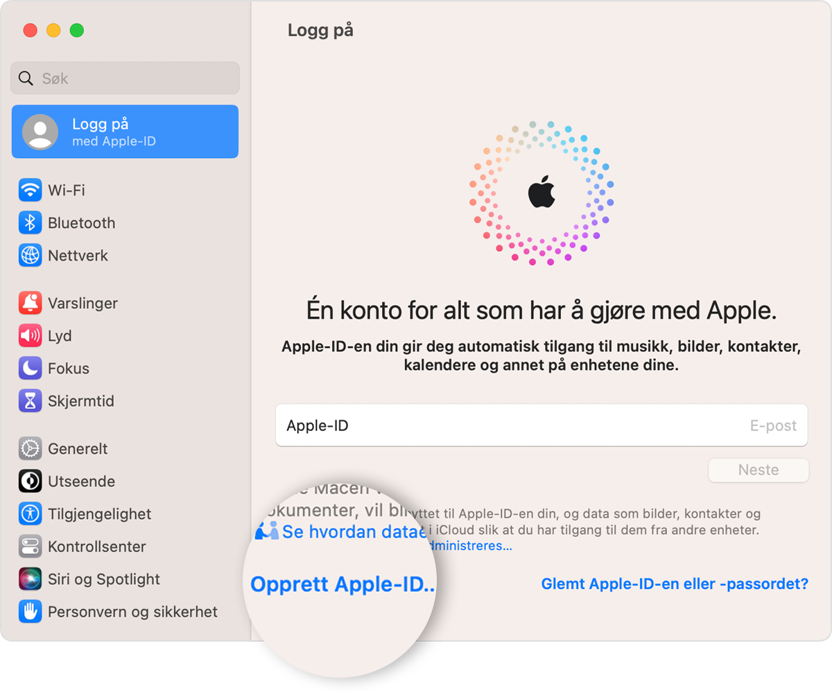 Mac-skjerm der koblingen Opprett Apple‑ID som skal klikkes på, vises