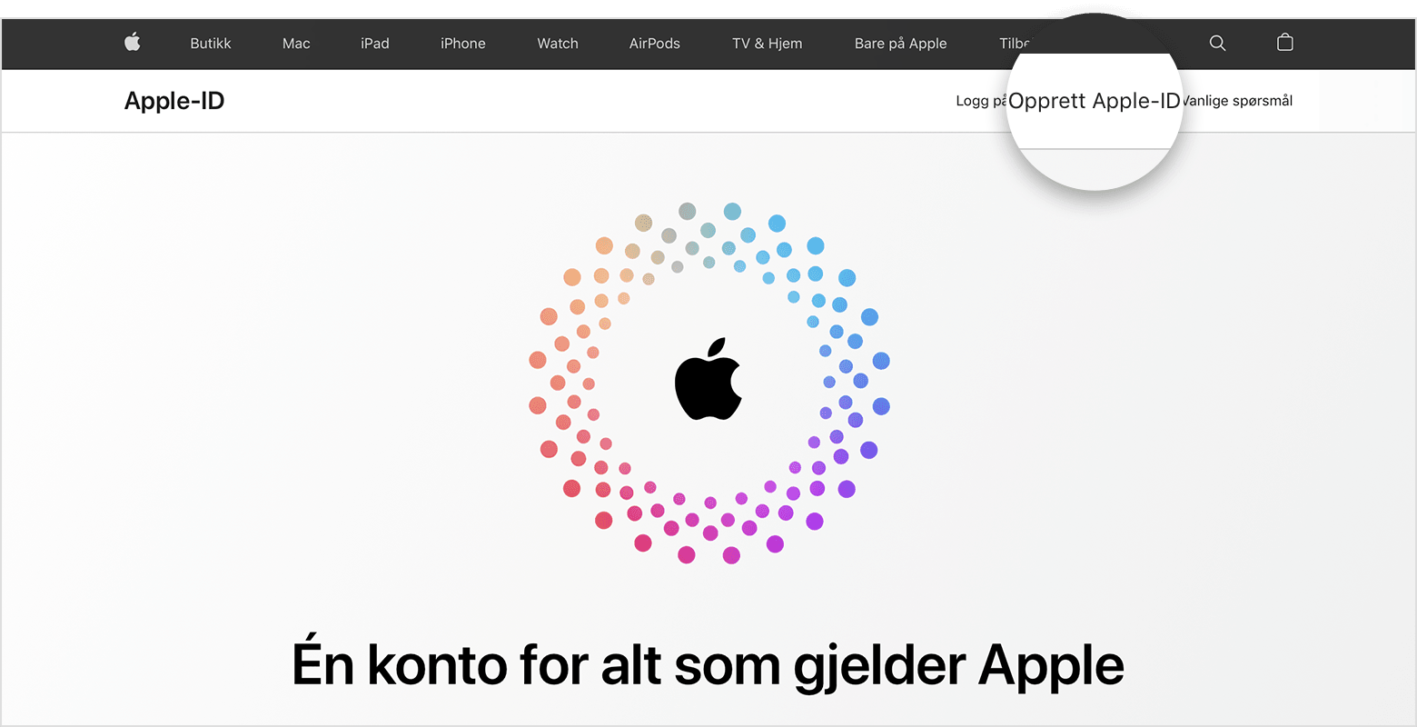 Nettside som viser koblingen Opprett en Apple‑ID 