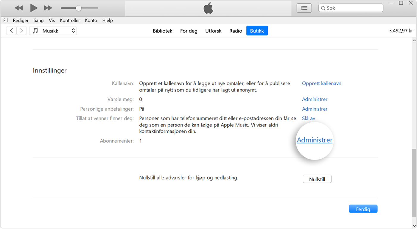 Administrer-knappen ved siden av Abonnementer i iTunes.