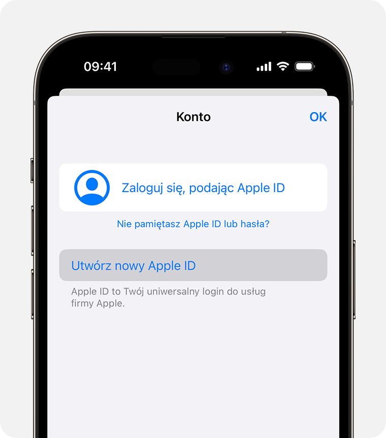 Ekran iPhone’a pokazujący opcję Zaloguj się, używając konta Apple ID 