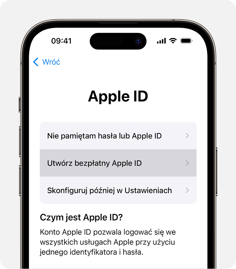 Ekran iPhone’a pokazujący opcję Utwórz bezpłatny Apple ID