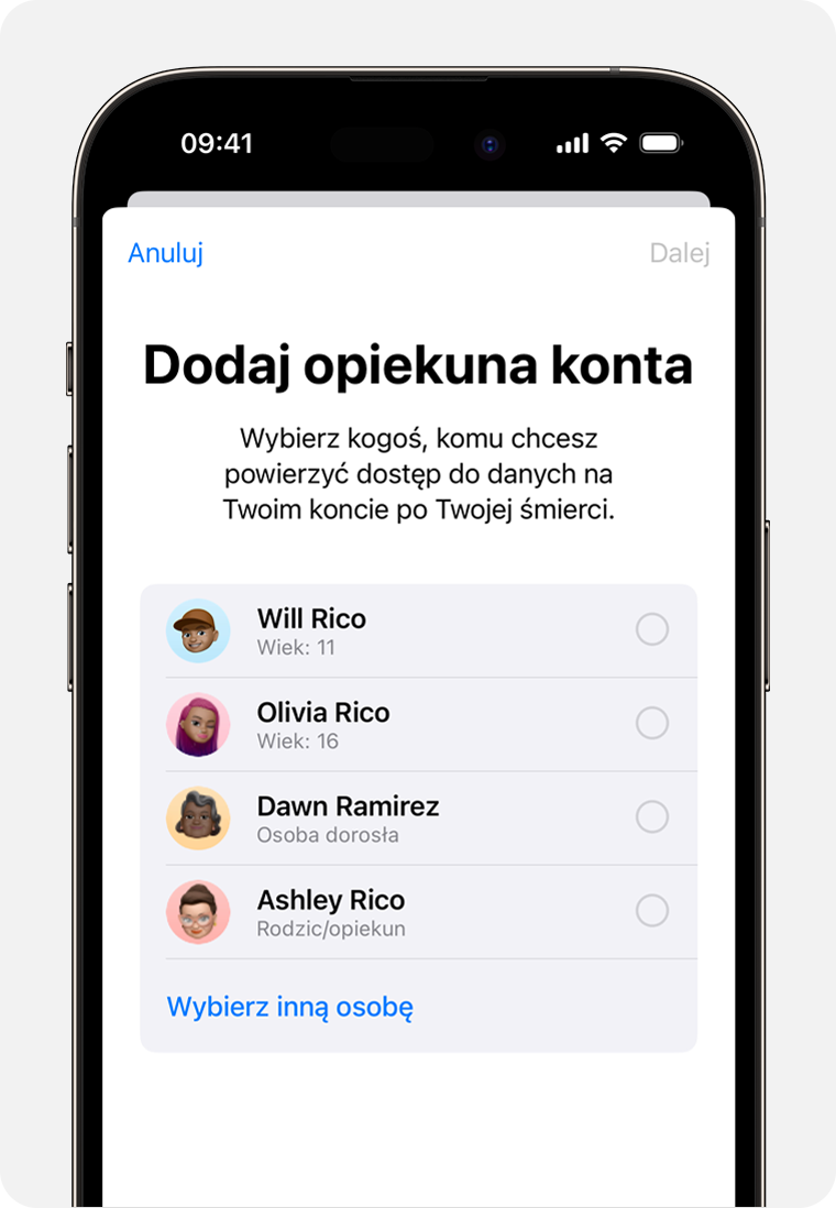 Ekran iPhone’a pokazujący członków Chmury rodzinnej, których można dodać jako opiekunów konta