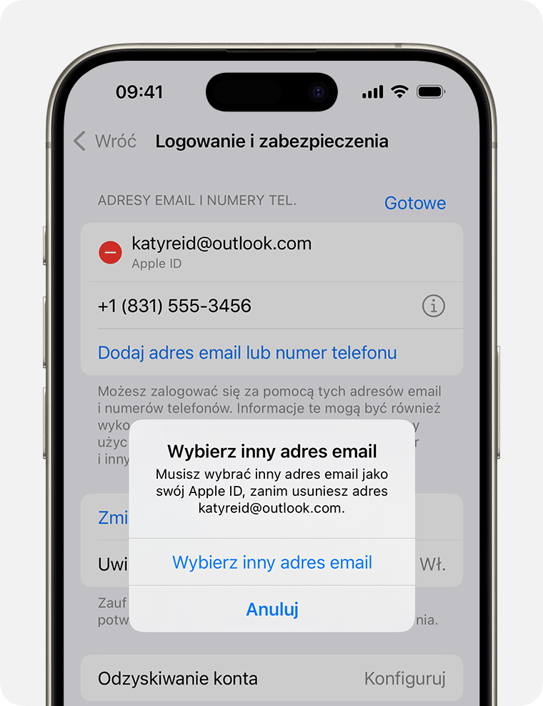 Ekran iPhone’a pokazujący, jak zmienić adres e-mail powiązany z identyfikatorem Apple ID 