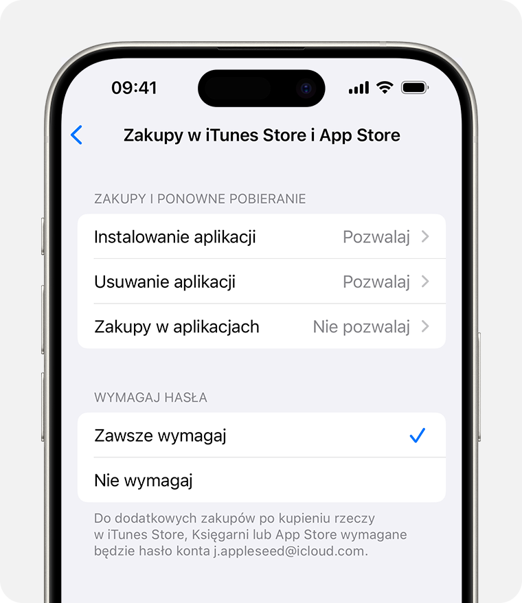 Ekran iPhone’a wyświetlający ustawienie umożliwiające wyłączenie zakupów w iTunes i App Store 