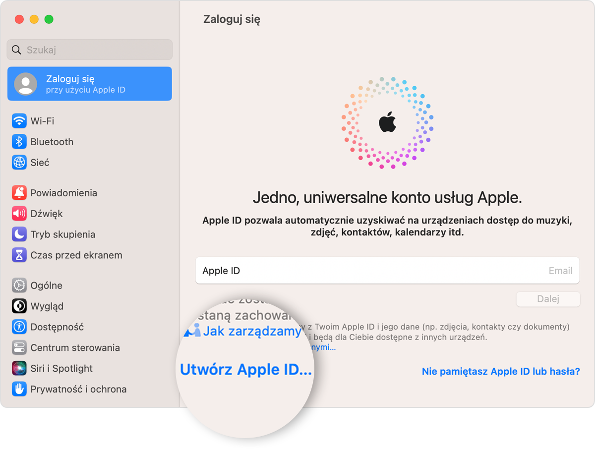 Ekran Maca pokazujący łącze Utwórz Apple ID, które należy kliknąć