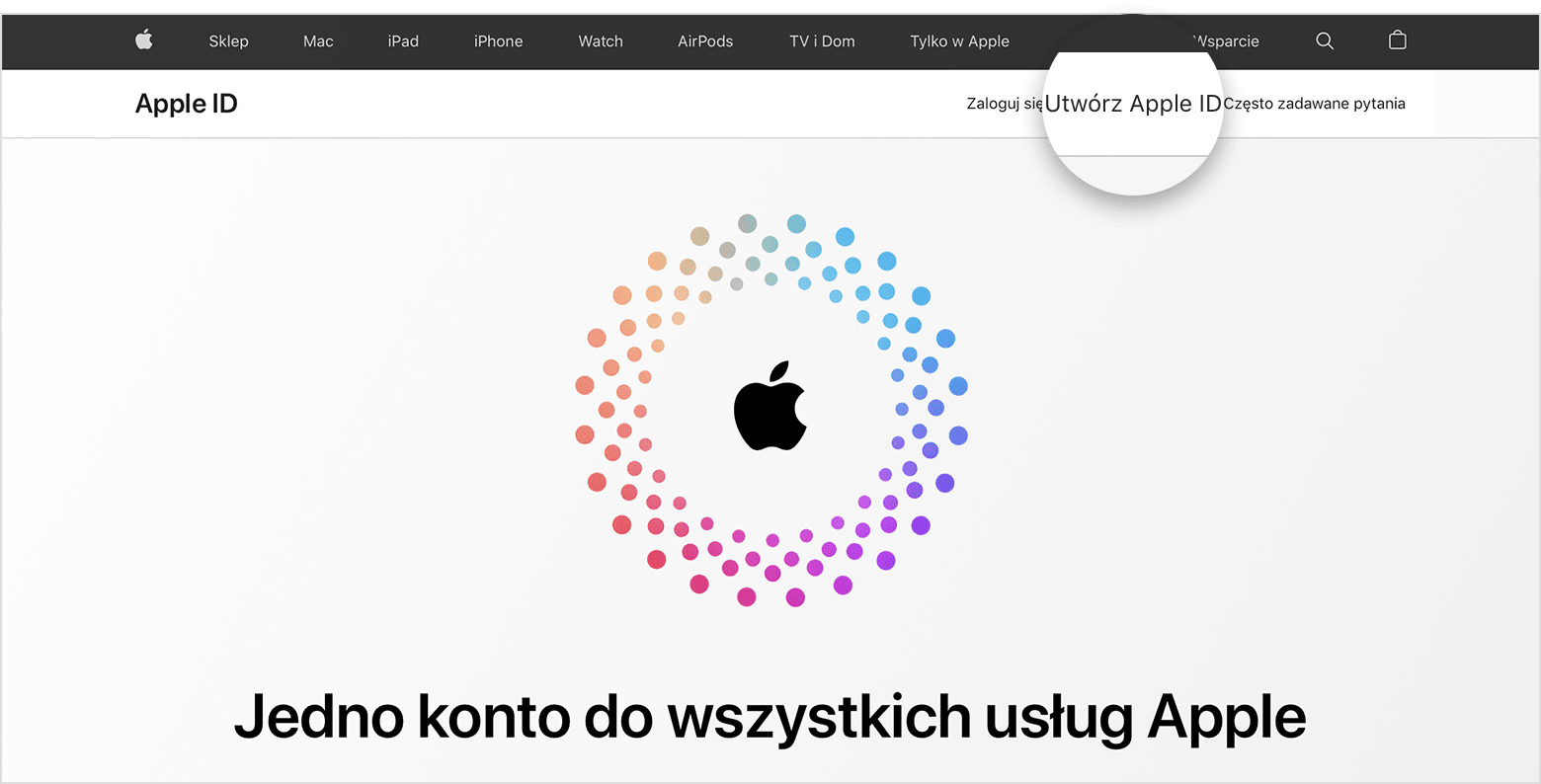 Ekran pokazujący łącze do opcji Utwórz konto Apple ID 