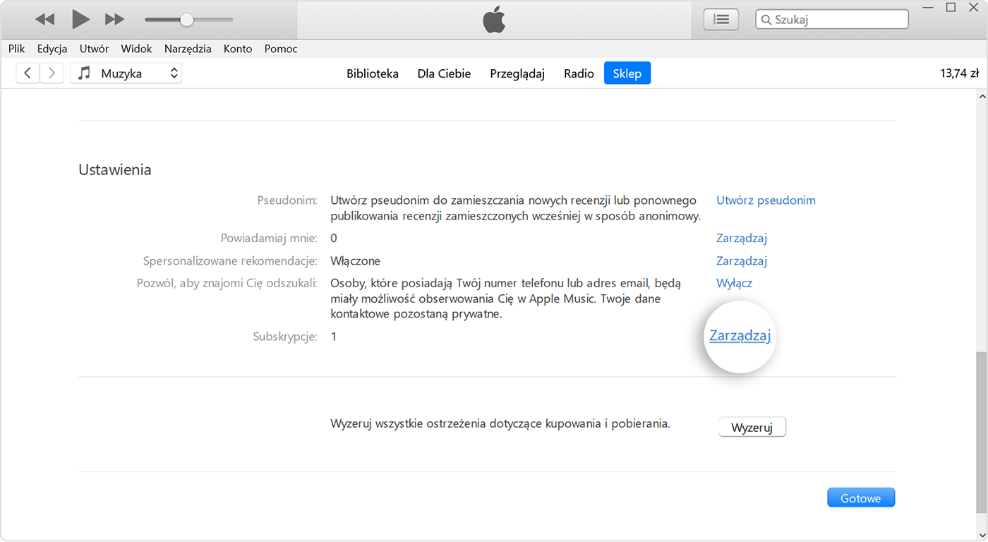 Przycisk Zarządzaj obok pozycji Subskrypcje w iTunes.
