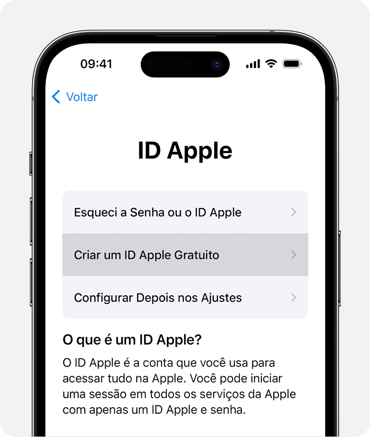 Tela do iPhone mostrando a opção de selecionar "Criar um ID Apple Gratuito"