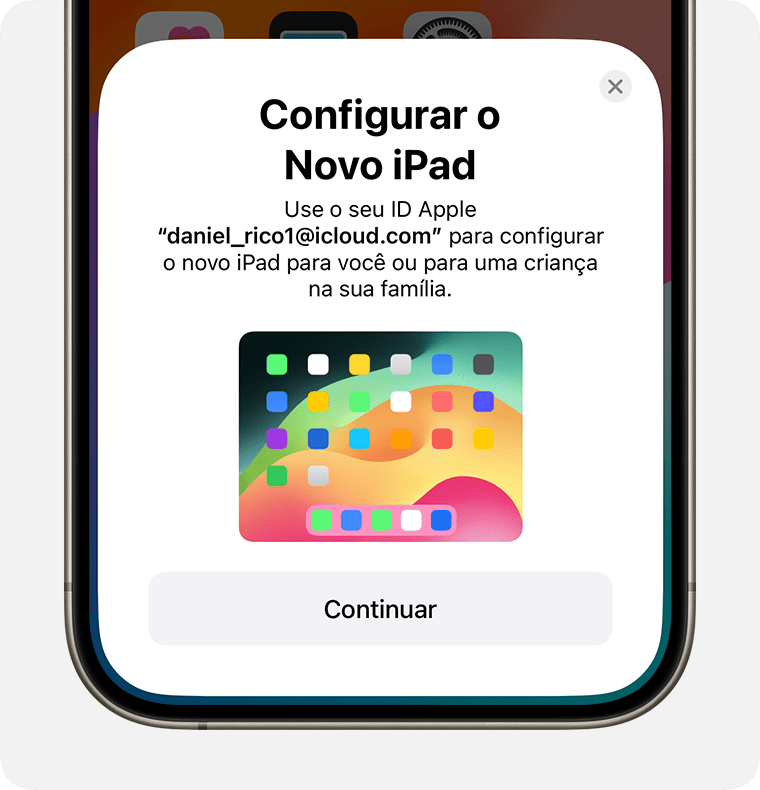 "Configurar Novo iPad" aparece na parte inferior da tela do iPhone.