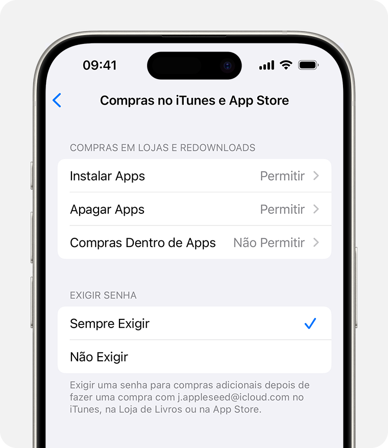 Tela do iPhone mostrando o ajuste para desativar compras do iTunes e App Store 