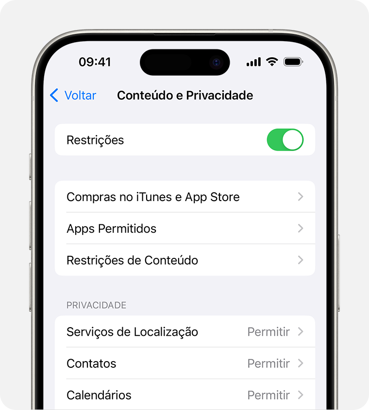 Tela do iPhone mostrando o ajuste de Restrições de Conteúdo e Privacidade