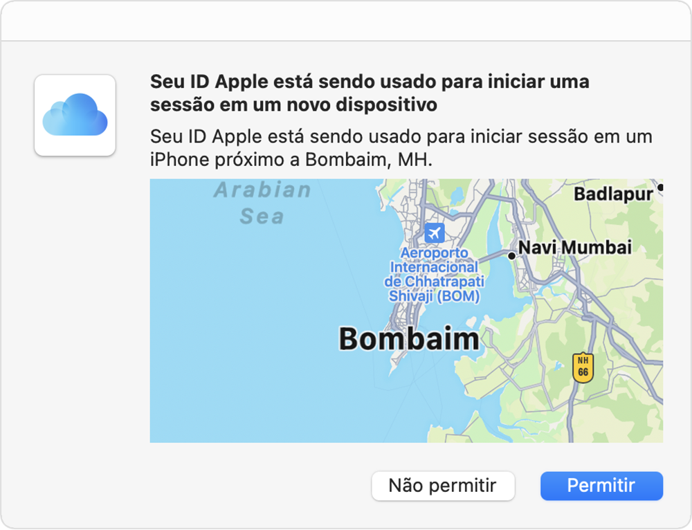 Mapa com Buffalo, NY, marcada em destaque. A legenda indica que um ID Apple está sendo usado para iniciar sessão em um iPhone perto de Buffalo.