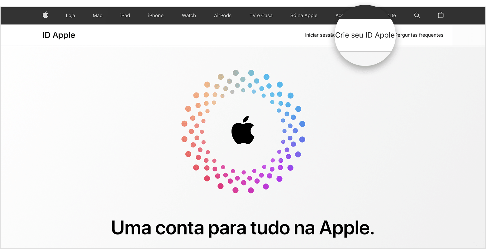 Tela de página da Internet mostrando o link "Crie seu ID Apple" 