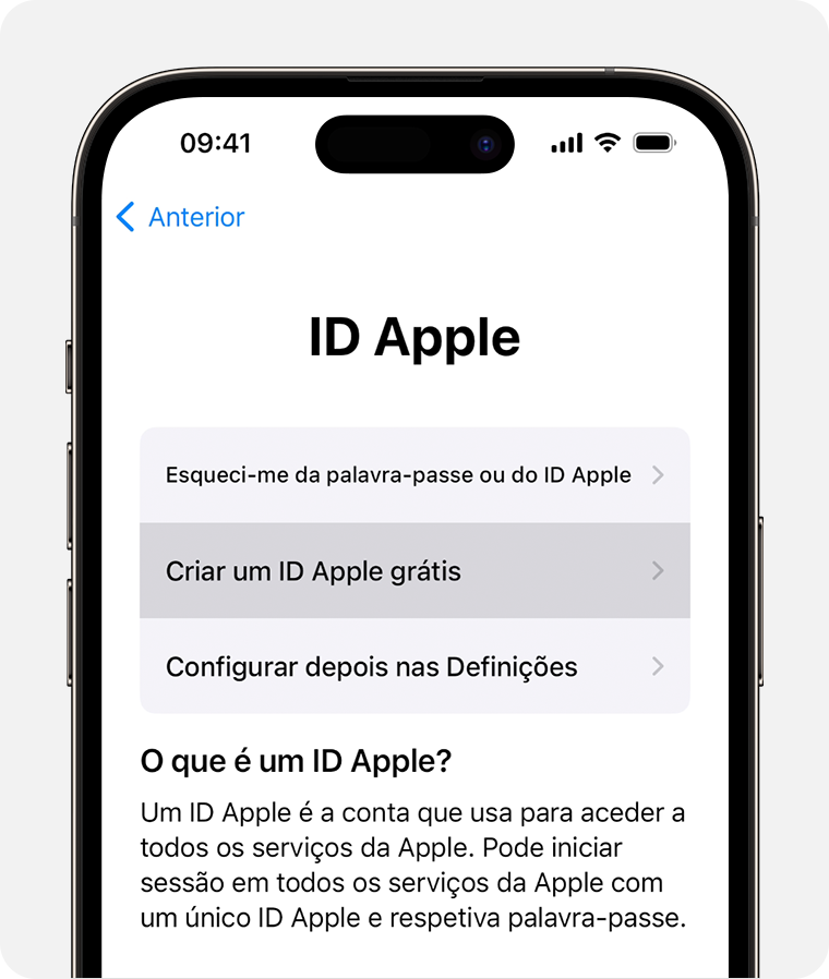 Ecrã do iPhone a mostrar a opção para selecionar Criar ID Apple grátis