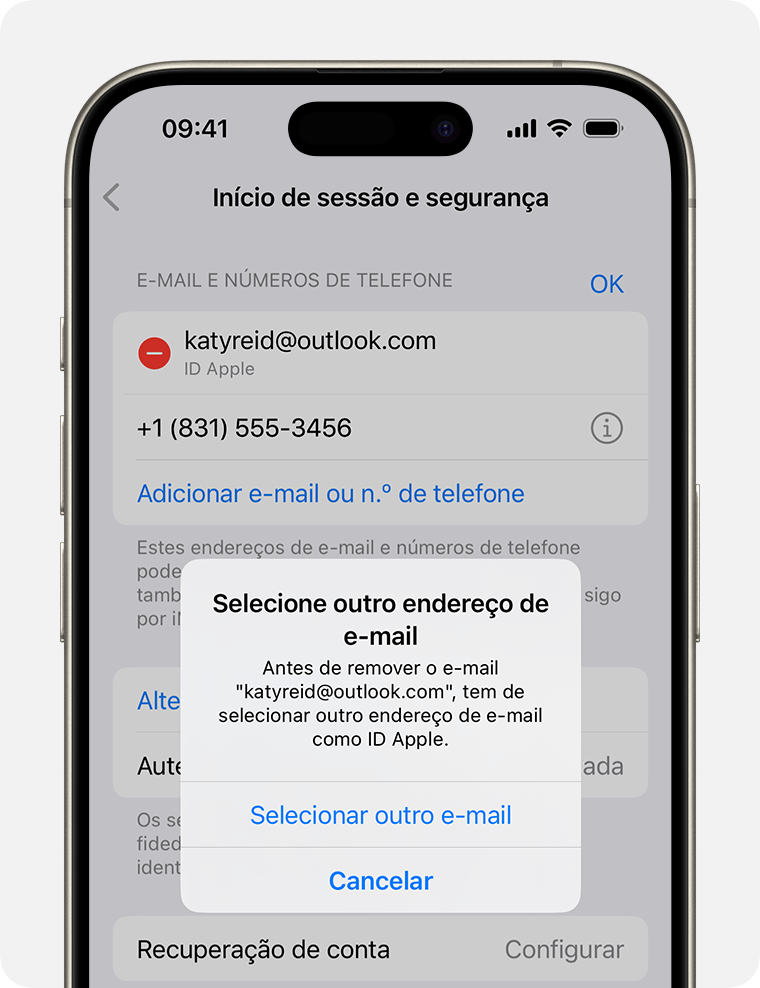 Ecrã do iPhone a mostrar como alterar o endereço de e-mail do ID Apple