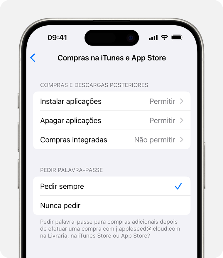 Ecrã do iPhone que mostra a definição para desativar as compras na iTunes e App Store 
