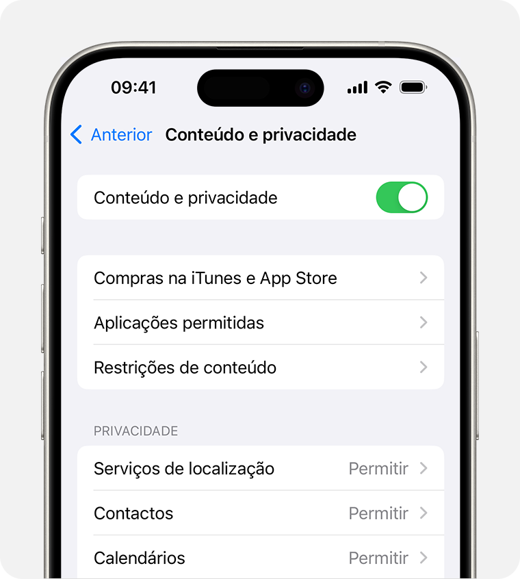 Ecrã do iPhone que mostra a definição de Restrições de conteúdo e de privacidade