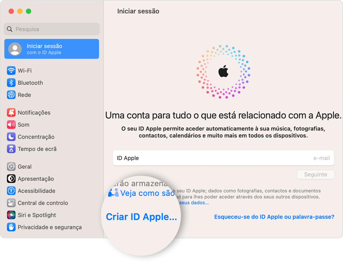 Ecrã do Mac a mostrar a ligação Criar ID Apple para clicar