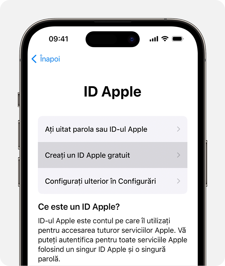 Ecranul iPhone care arată opțiunea de a selecta Creați un ID Apple gratuit