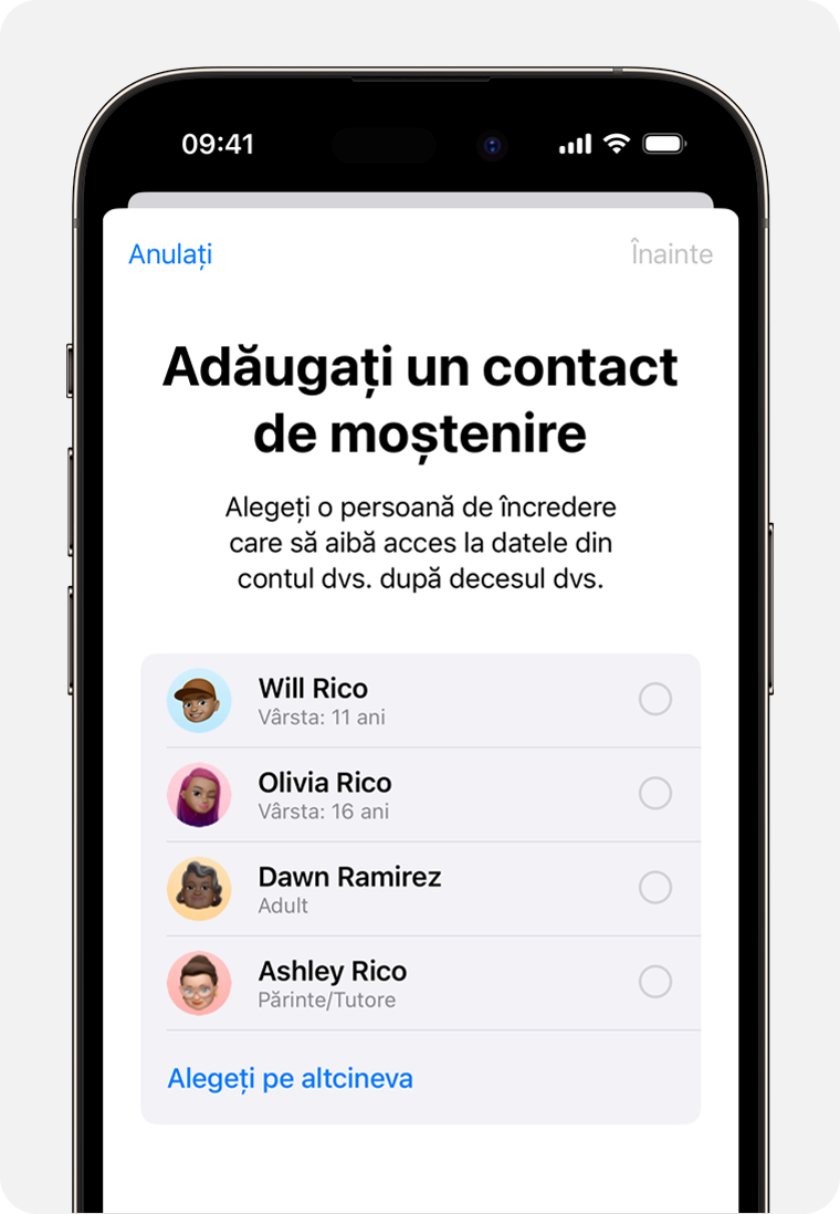 Ecran de iPhone care afișează membrii tăi din Partajare familială, pe care să îi adaugi ca și Contact de moștenire